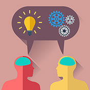 graphic of two heads with shared though bubble with a lightbulb on one side and gears on the other