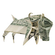 one dollar bill folded into the shape of a bull