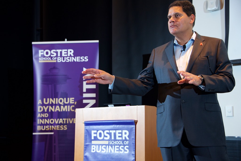Reggie Fils-Aimé, President and COO of Nintendo of America, presents at the Foster School
