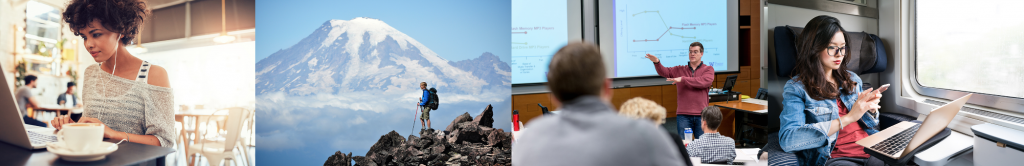 Woman at cafe using laptop; person hiking in front of Mt. Rainier; Foster professor leading lecture; woman using phone and laptop on train