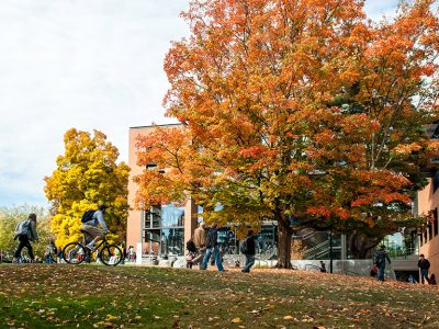 Students walking outside on UW Foster's campus