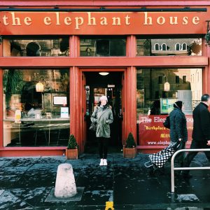 Kimberley Dunlap standing in fron of Elephant House in Scotland