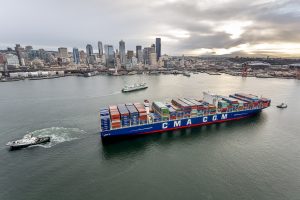 Container ship moving through Seattle's Elliot Bay
