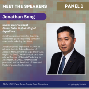 Meet the Speakers, Panel 1. Jonathan Song, Senior Vice President Global Sales & Marketing at Expeditors. Jonathan is responsible for directing, coordinating and supporting company sales and marketing functions. Jonathan joined Expeditors in 1999 to relocate back to Asia as Director of Account Management for Expeditors' Asia Region. In 2002, Jonathan took on a new role as Director of Sales & Marketing for Asia region. In 2010, Jonathan was promoted to Vice President of Sales and Marketing, Asia Pacific region. 