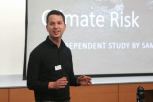 Sam Shugart presenting his independent study on "Climate Risk"