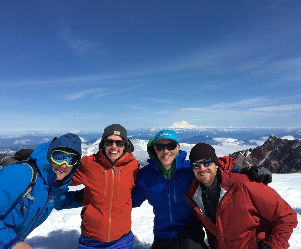 Jason Matta ('17), Anna Bacheller ('17), Chris Burd ('17) and Andrew Rieck ('17) on top of Mt St Helens, great training for Rainier!