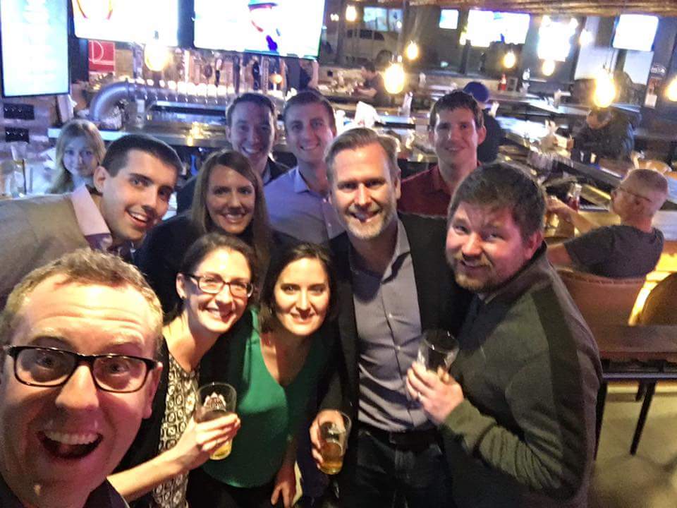 Members of the Class of 2017 at happy hour with Professor Mark Forehand after their last Consumer Marketing and Brand Management class session
